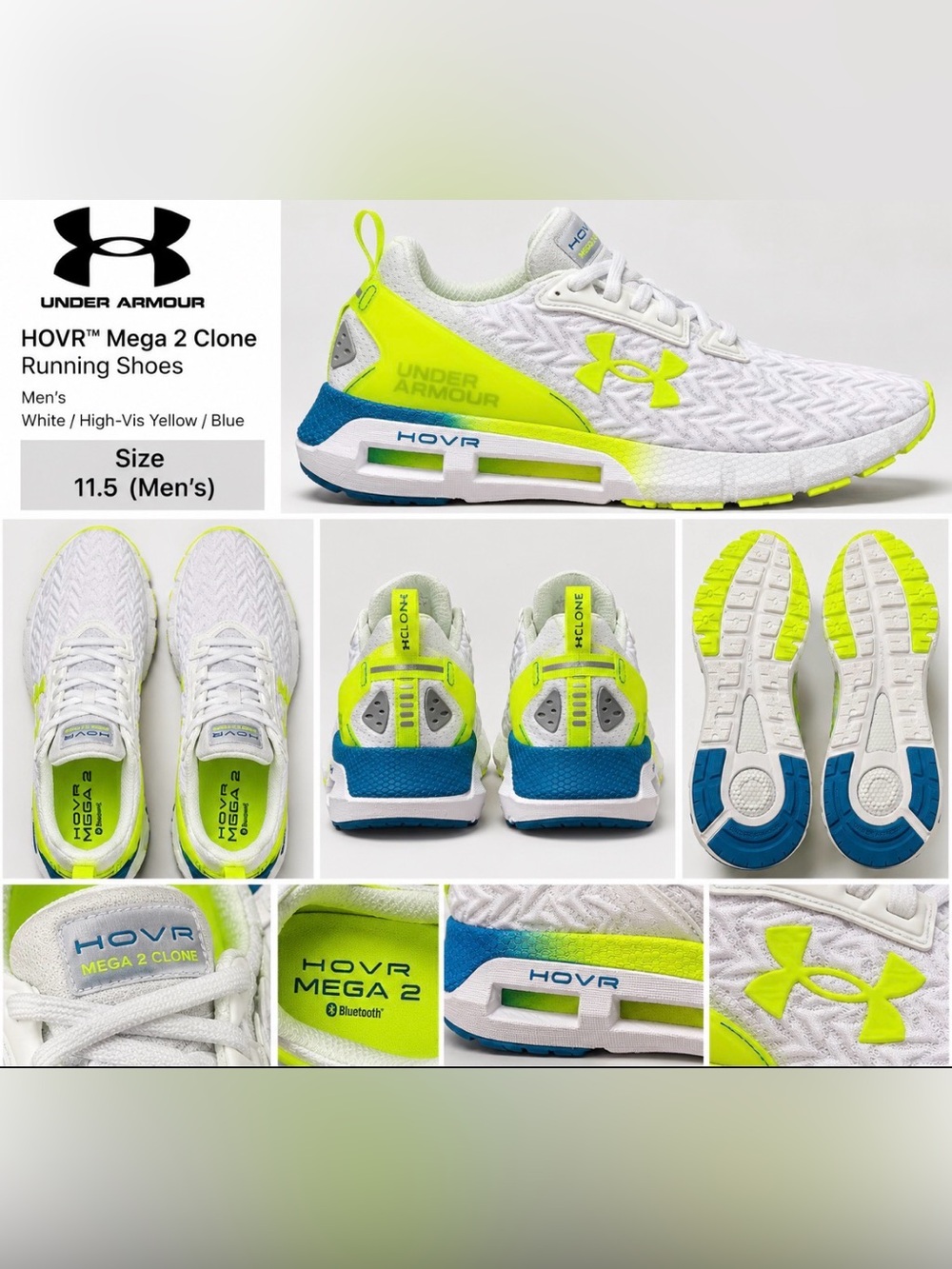 Under Armour White Neon Yellow & Blue HOVR Mega 2 Running Shoes